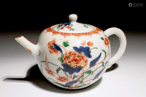 A Chinese bullet-shaped verte-imari floral teapot, Kangxi