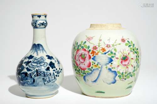 A Chinese famille rose ginger jar and a blue and white bottle vase, Qianlong/Jiaqing