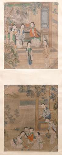 A frame of two Chinese paintings on textile, 19th C.