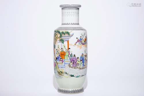 A large Chinese famille rose rouleau vase with figures in a garden, 20th C.