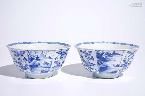 A pair of blue and white Chinese fluted octagonal bowls, Kangxi