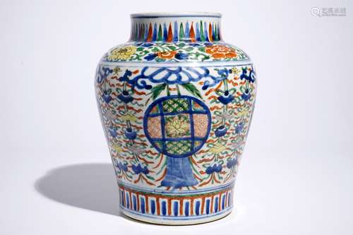 A Chinese Transitional wucai vase with buddhist emblems, Transitional period, Chongzhen/Shunzhi