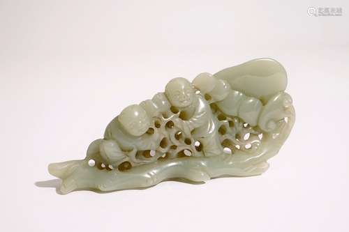 A Chinese pale celadon jade group of boys on a lingzhi, 19th C.