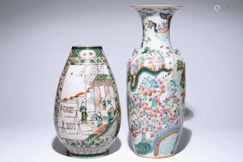 A Chinese famille verte silk production vase and a famille rose 