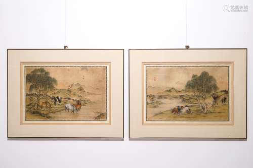 A pair of Chinese paintings on silk depicting 