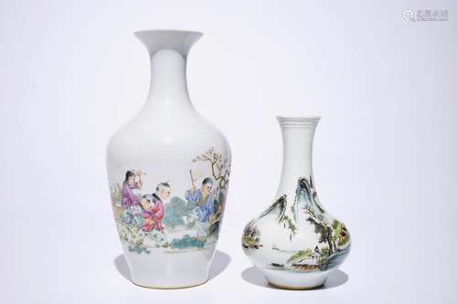 A Chinese famille rose vase with playing boys and a qianjiang cai landscape vase, 20th C