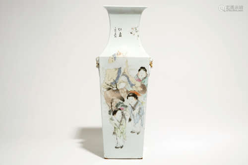 A square Chinese qianjiang cai vase signed Ma Qing Yun, 19/20th C.