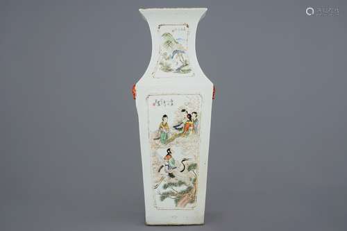 A rectangular Chinese qianjiang cai vase with immortals and landscapes, 19/20th C.