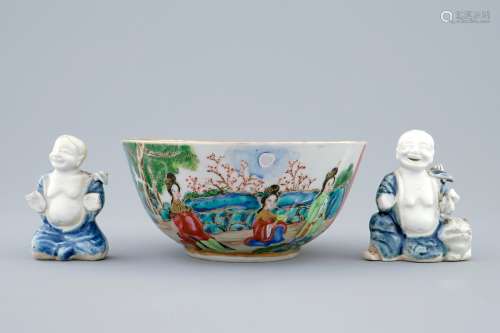 Two Chinese blue and white glazed biscuit figures of boys, Qianlong, and a Canton famille rose bowl, 19th C.