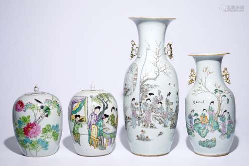 Two Chinese famille rose vases and two ginger jars, 19/20th C.