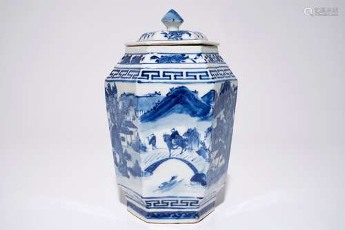 A Chinese hexagonal blue and white covered jar with landscape design, 19th C.