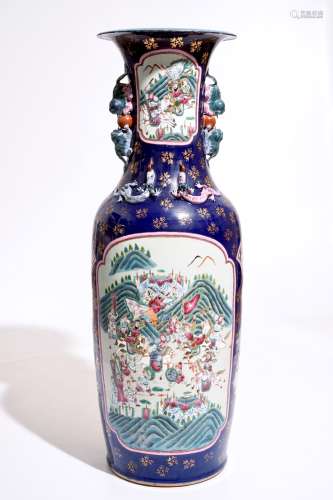 A massive Chinese famille rose on powder blue ground vase, 20th C.