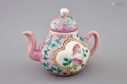 An unusual Chinese pink ground miniature teapot and cover, 19th C.