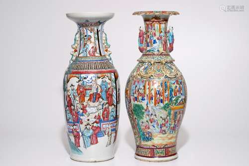 Two tall Chinese famille rose vases, incl. a rare Canton example, 19th C.