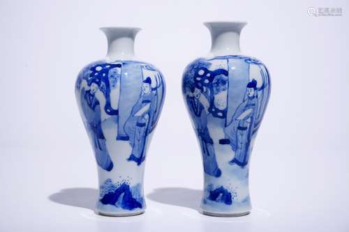 A pair of Chinese blue and white meiping vases with figures in Kangxi style, 19/20th C.