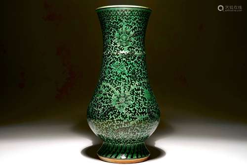 A rare Chinese verte-noire biscuit lotus scroll vase, Kangxi