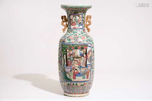 A Chinese famille rose vase with court scenes, 19th C.