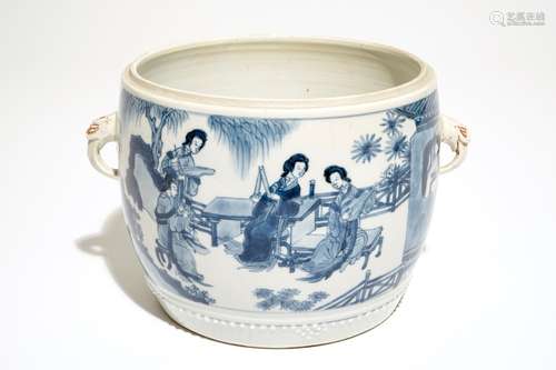 A Chinese blue and white two-handled cylindrical jar, Kangxi