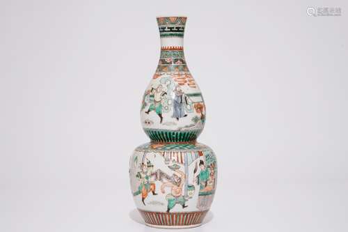 A Chinese famille verte double gourd vase, Kangxi mark, 19th C.