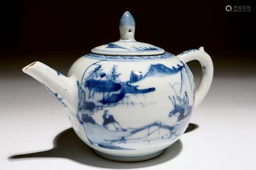 A Chinese blue and white teapot with a sage on a donkey, Kangxi