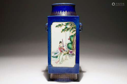 A Chinese famille rose on powder blue ground cong vase, 19th C.