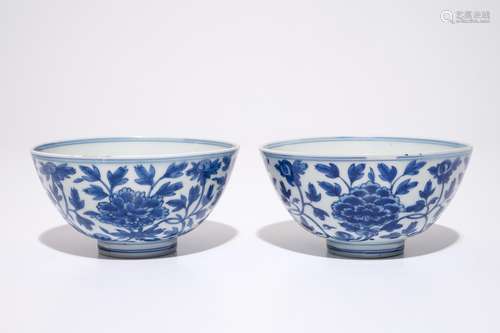 A pair of Chinese blue and white peony scroll bowls, Chenghua mark, Ming