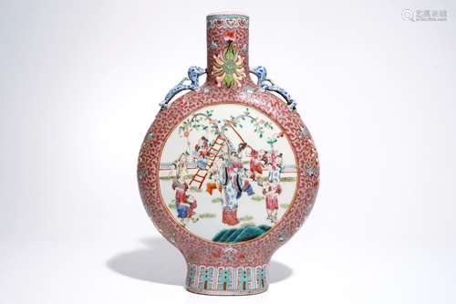 A tall Chinese famille rose moonflask with garden scenes, 19/20th C.