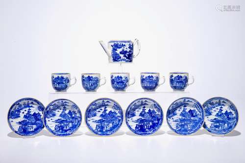 A Chinese blue and white part tea service with landscapes, Qianlong