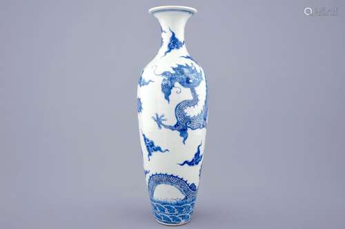 A Chinese blue and white meiping dragon vase, Kangxi mark, 19th C.