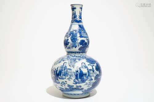 A Chinese blue and white double gourd vase with scholars, Transitional period, Chongzhen