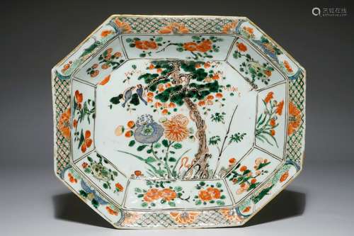 A Chinese famille verte hexagonal deep dish, Kangxi