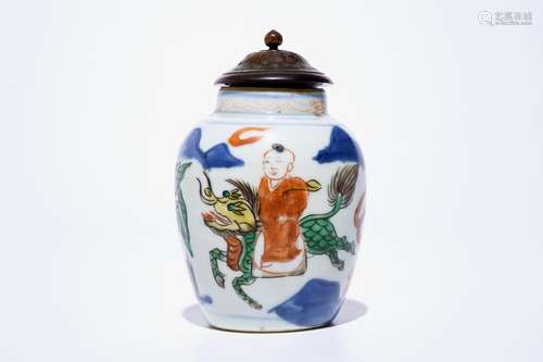 A small Chinese wucai jar with a by riding a kylin, Transitional period, Shunzhi