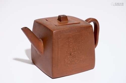 A square Chinese Yixing teapot and cover, 19th C.