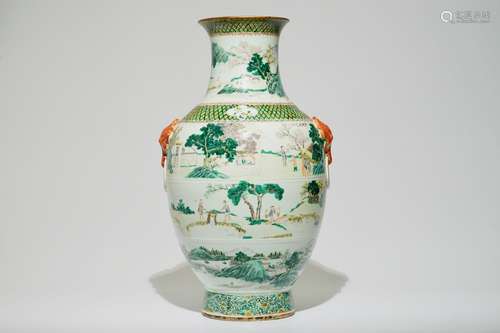 A tall Chinese famille verte vase with landscape and calligraphy design, 19th C.