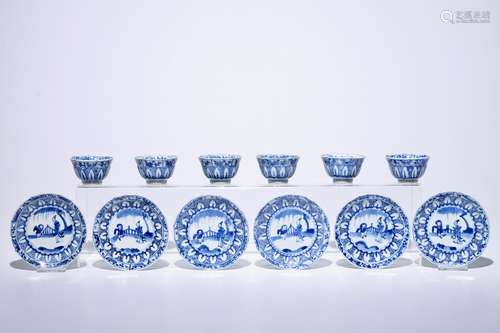 Six Chinese blue and white cups and saucers with figures in a garden, Kangxi