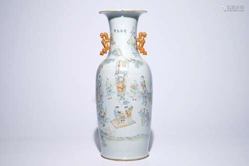 A tall Chinese qianjiang cai calligraphy vase with calligraphy, 19/20th C.