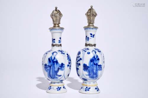 A pair of Chinese blue and white silver-mounted vases with long Eliza, Kangxi