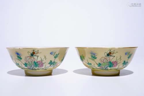 A pair of Chinese famille rose cafe au lait ground bowls, Xianfeng mark and of the period