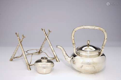 A Chinese silver tea kettle on stand and burner, mark of Wang Hing, ca. 1900