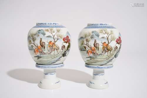 A pair of Chinese famille rose eggshell lanterns on stands, Republic, 20th C.