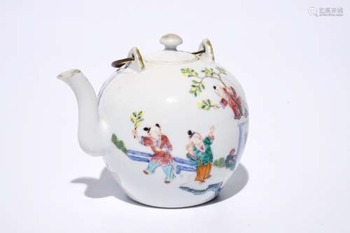 A Chinese famille rose globular teapot with playing boys, 19th C.