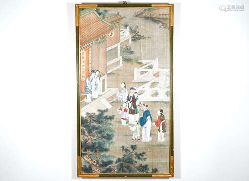 A framed Chinese silk painting of a court scene, 18/19th C.