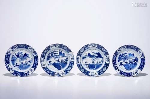 Four Chinese blue and white landscape plates, Kangxi