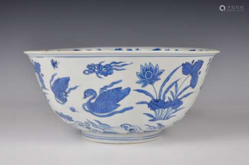 A Chinese blue and white bowl with ducks in a pond, Ming, Wanli mark and of the period