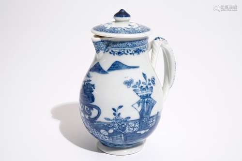 A Chinese blue and white milk jug and cover with twisted handle, Qianlong