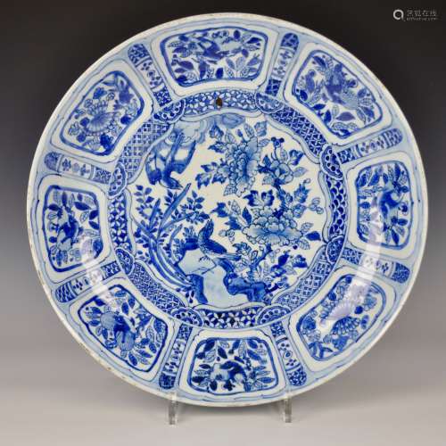 A Chinese blue and white kraak porcelain dish with birds, Ming, Wanli