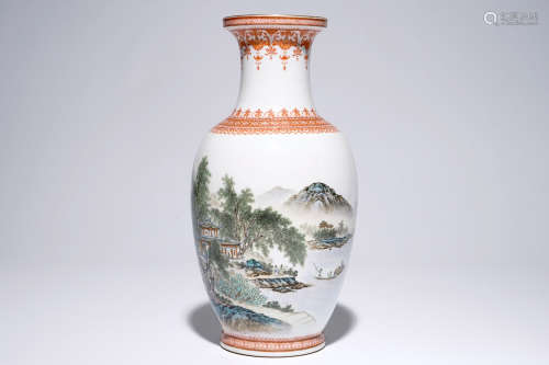 A Chinese polychrome vase with landscape and calligraphy design, 20th C.