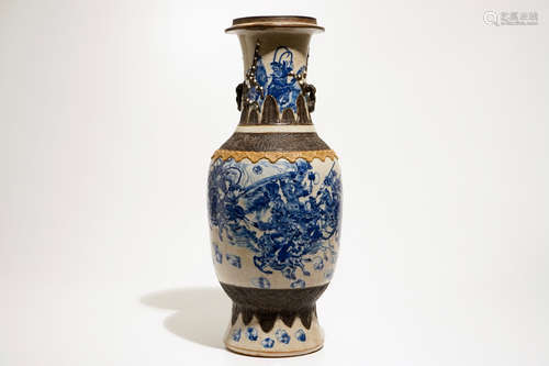 A Chinese blue and white Nanking vase with design of warriors, 19th C.