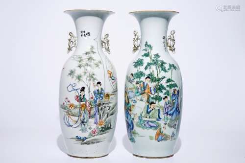 Two tall Chinese famille rose vases with calligraphy, 19/20th C.