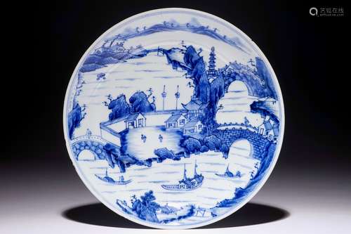 A very fine Chinese blue and white landscape plate, Kangxi, ca. 1670